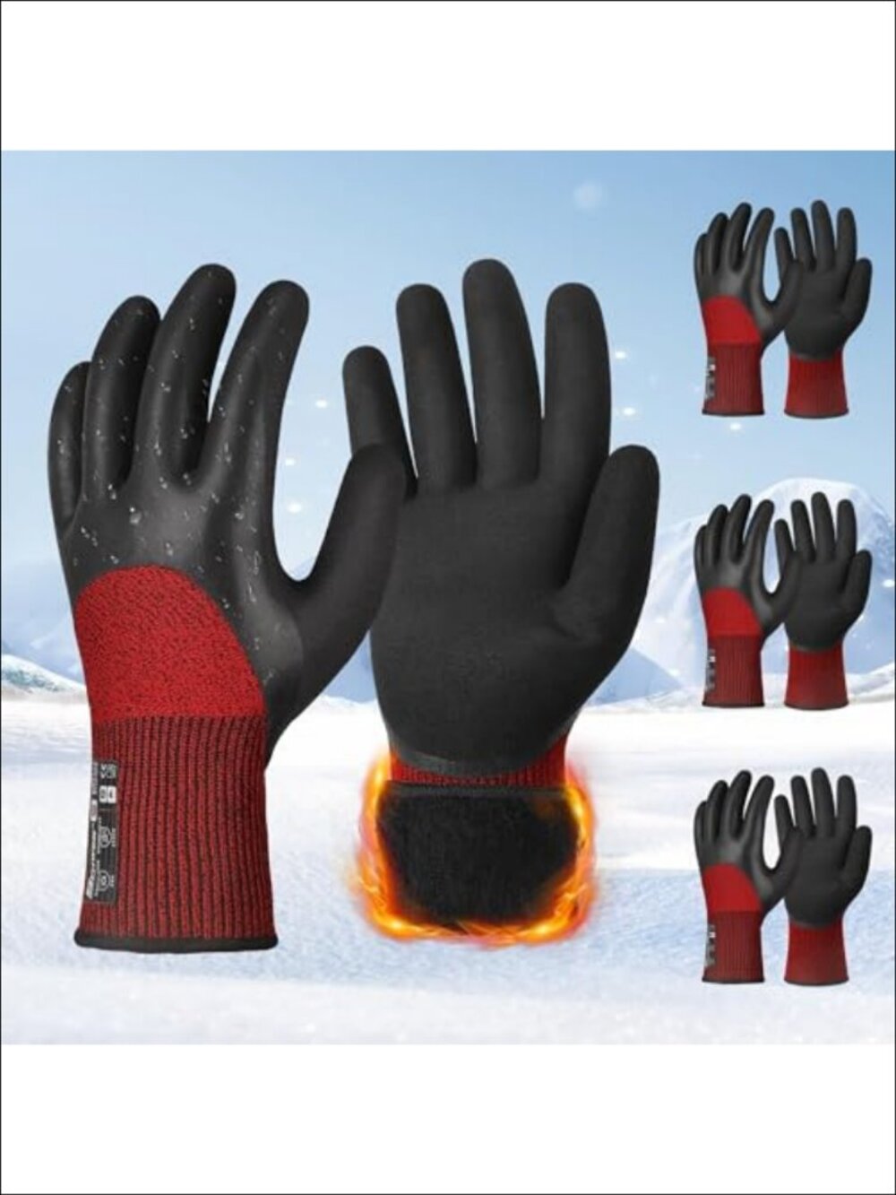 3 Pairs Winter Work Gloves Double-Dipped Latex Coated Thermal Insulated